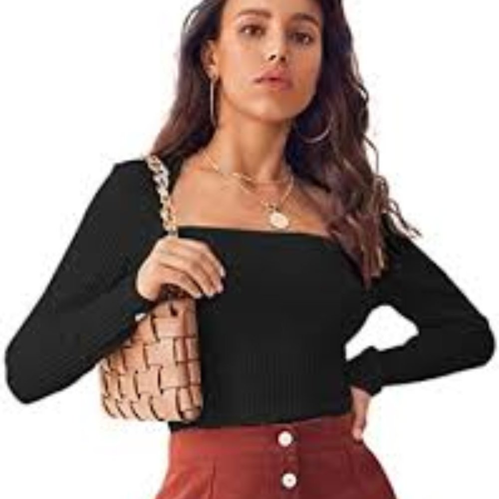 Verdusa Women's Long Sleeve Square Neck Ribbed Top